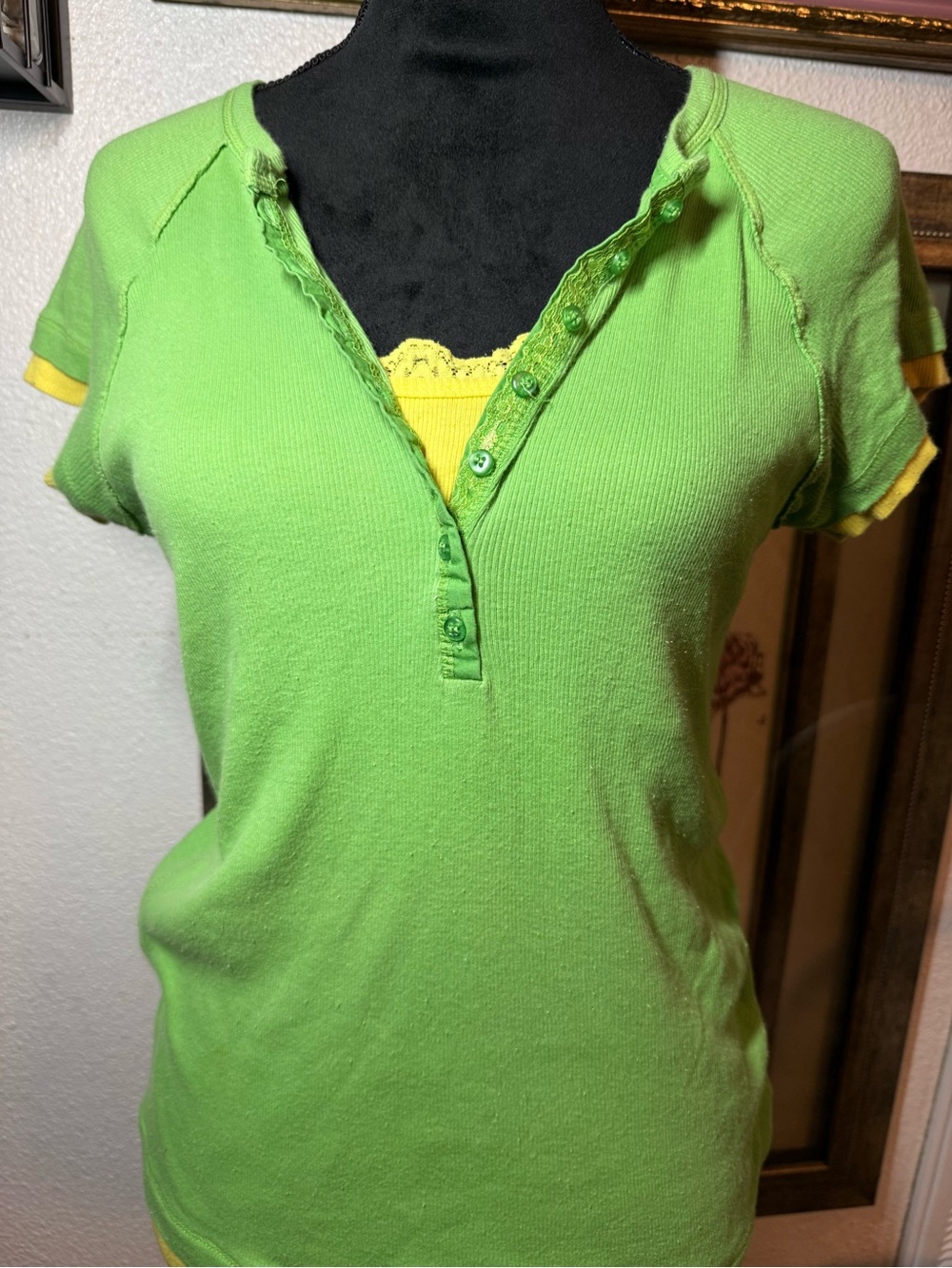 Vintage Y2K Lime Green & Yellow Layered Henley Top •Size L•